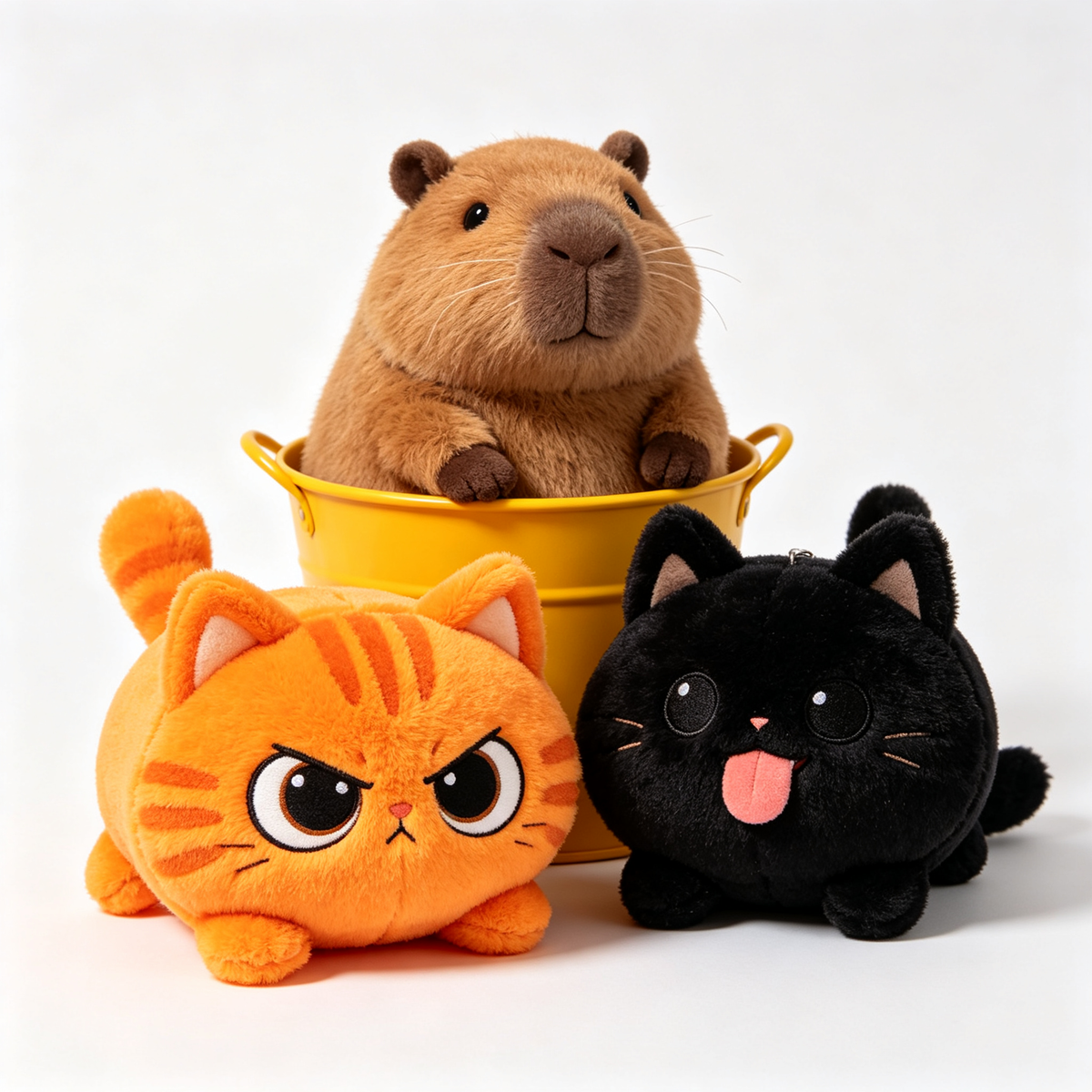 A premium collection of cute plush toys and kawaii stuffed animals including a funny grumpy orange cat, a black cat plushie with tongue out, and a viral bathtub capybara by PlushAgent