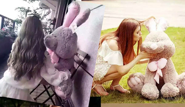 Fluffy Sitting stuffed bunny | bunny plushie, gray bunny with pink bow