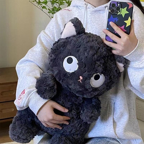 Big‑eyed curly fur black kitten stuffed animal, lovely plush collectible