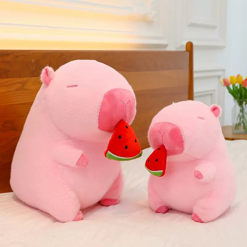 Pink Capybara Plush Toy With Fruit, Cute Kawaii Stuffed Capybara Doll