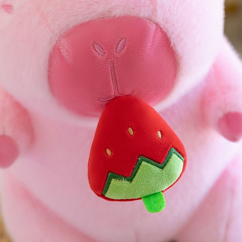Pink Capybara Plush Toy With Fruit, Cute Kawaii Stuffed Capybara Doll