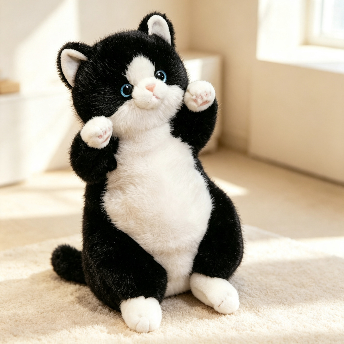 Realistic Fluffy Black & White Tuxedo Cat Plush, Soft Stuffed Kitten Animal Toy Gift For All Ages