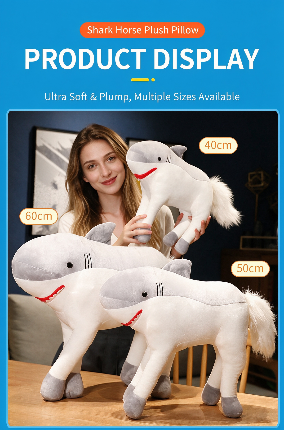 Funny Shark Horse Plush Pillow, Soft Sleeping Companion, Safe Eco-Friendly Material
