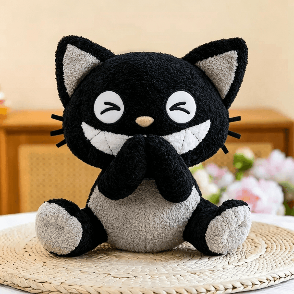 Black and White Cat Plush Toy – Kawaii Smiling Stuffed Animal Pillow