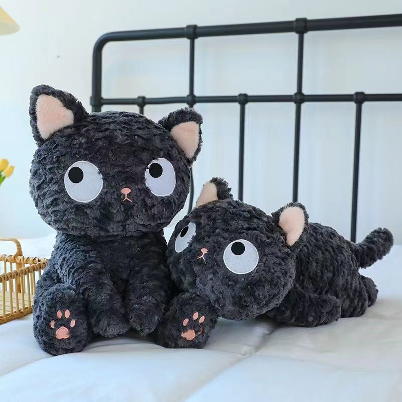 Curly Fur Black Cat Plush Toy, Big‑Eyed Sitting Black Kitten Stuffed Animal