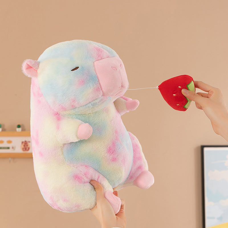 Tie‑Dye Avocado‑Holding Capybara Plush Toy, Cute Decorative Stuffed Figure