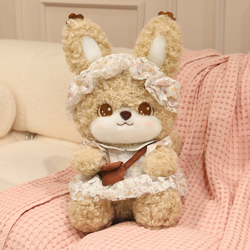 Curly Fuzzy Stuffed Bunny with Daisy Lace Lolita Dress | Kawaii Bunny Plushie Gift for Girls