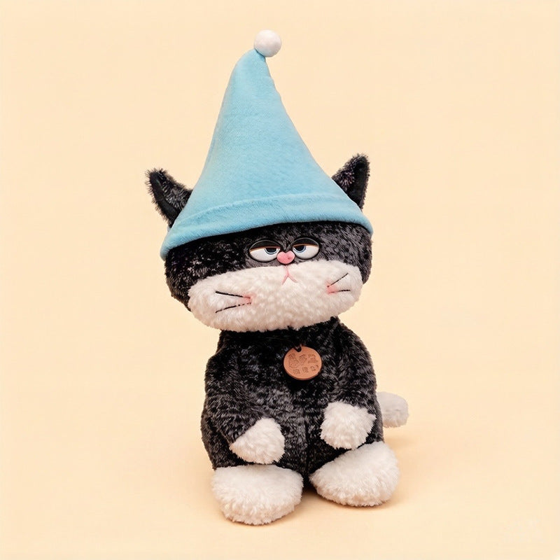 Kawaii Black and White Cat Plush Toy with Pink Hat & Soft Stuffed Animal Pillow