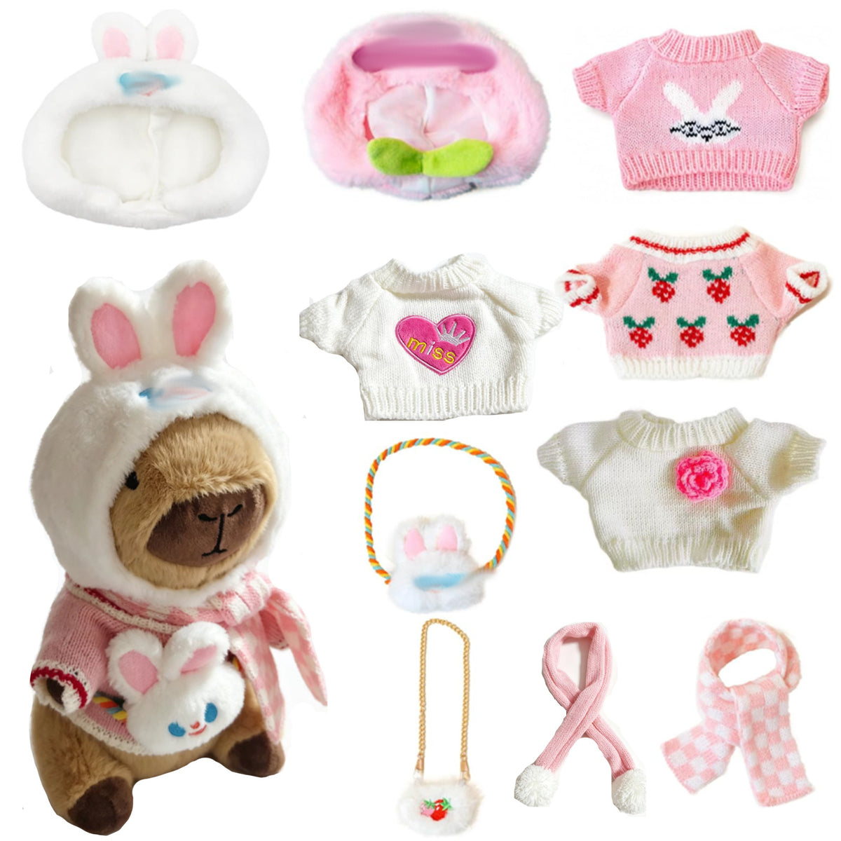 Kawaii Capybara Dress-Up Plush Toy Set with Removable Outfits & Bag Charms