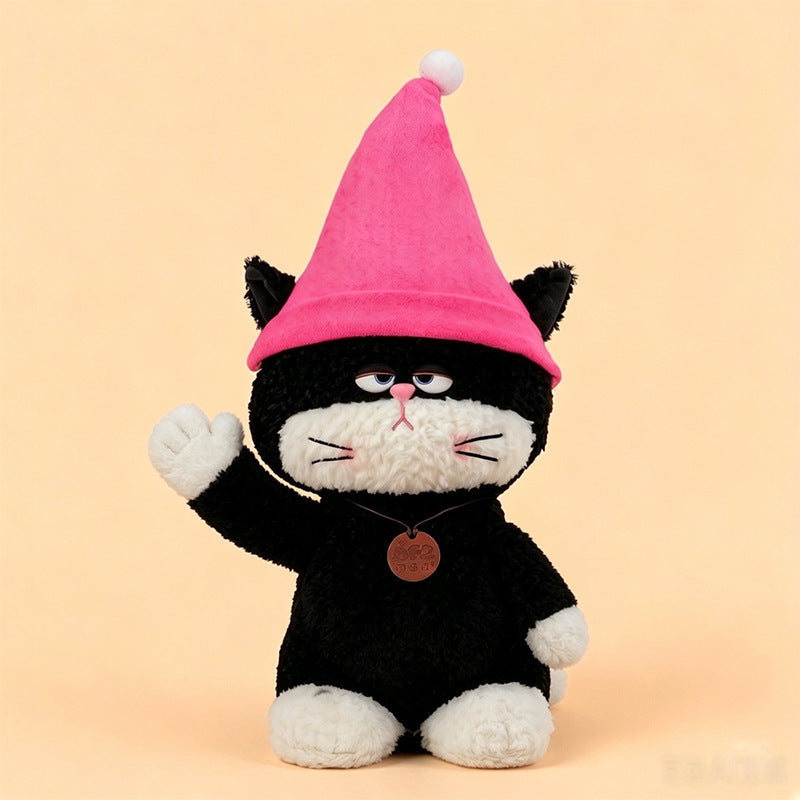 Kawaii Black and White Cat Plush Toy with Pink Hat & Soft Stuffed Animal Pillow