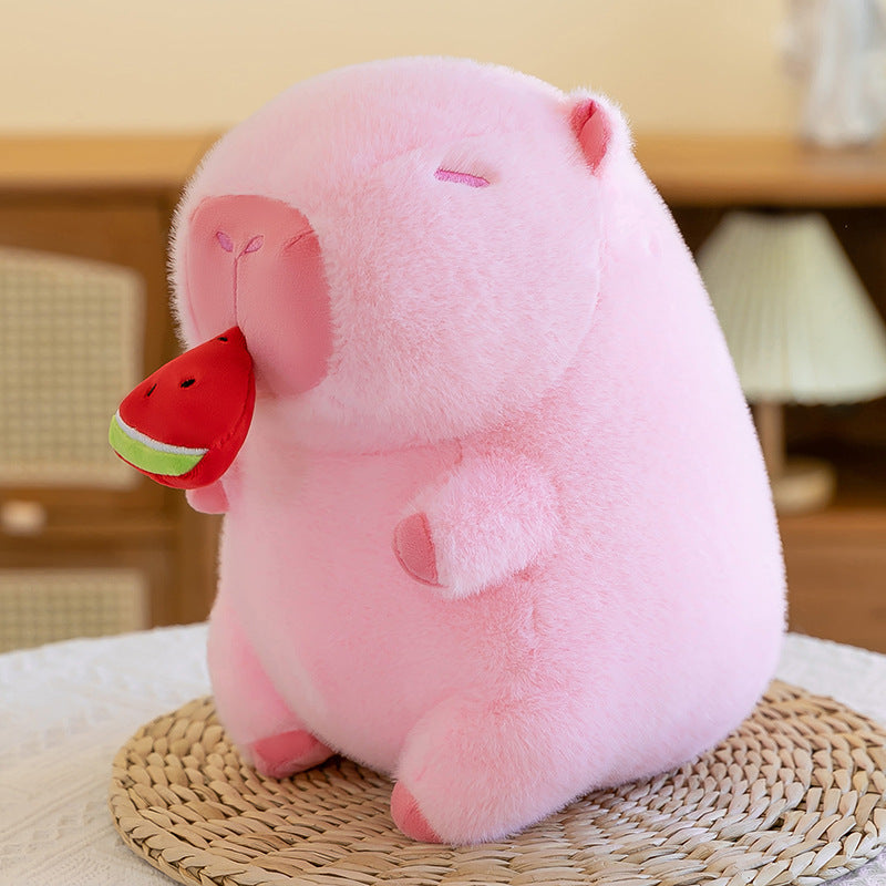 Pink Capybara Plush With Watermelon Slice | Cute Kawaii Stuffed Animal