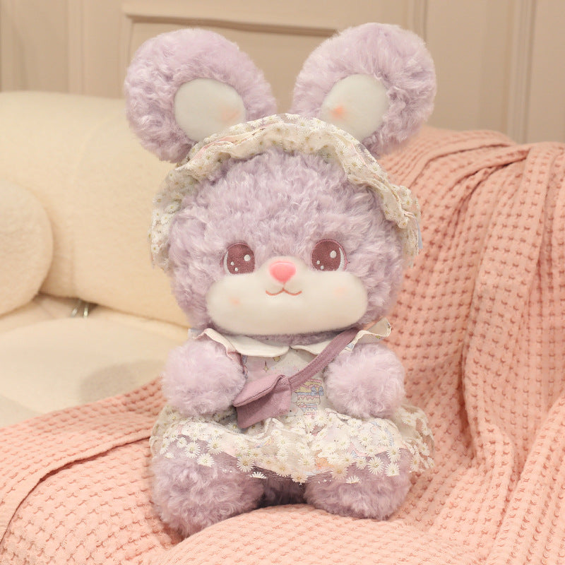 Curly Fuzzy Stuffed Bunny with Daisy Lace Lolita Dress | Kawaii Bunny Plushie Gift for Girls