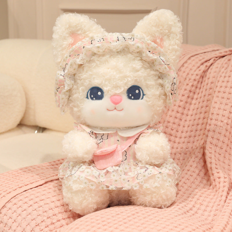 Curly Fuzzy Stuffed Bunny with Daisy Lace Lolita Dress | Kawaii Bunny Plushie Gift for Girls