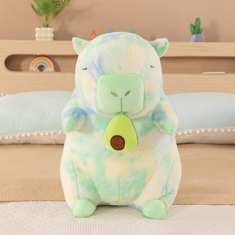 Tie‑Dye Avocado‑Holding Capybara Plush Toy, Cute Decorative Stuffed Figure
