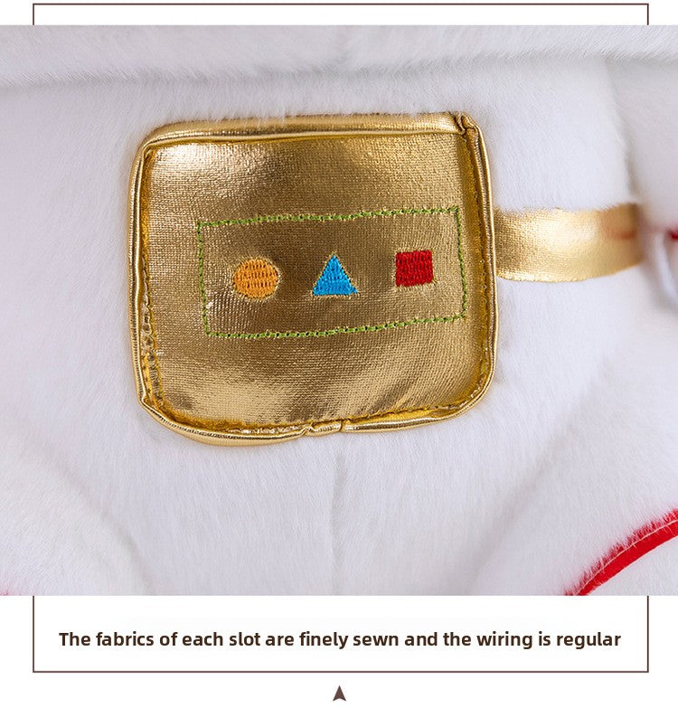 Detailed macro shot of the golden controls and neat embroidery stitching on the alien astronaut capybara space suit