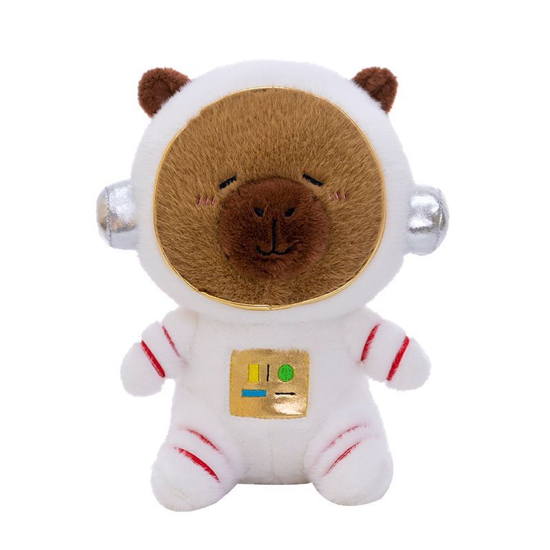 Funny alien astronaut capybara plush toy with a white space helmet on a white background
