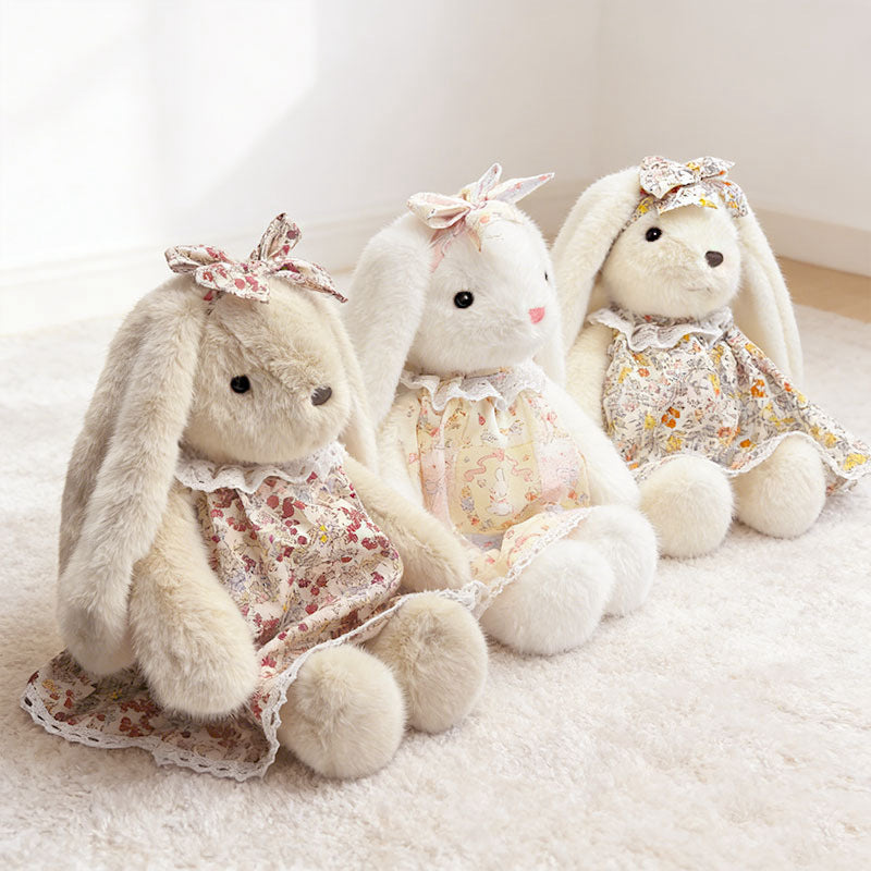 Collection of 3 long floppy ear stuffed bunnies with different floral print dresses, cute bunny plushies set