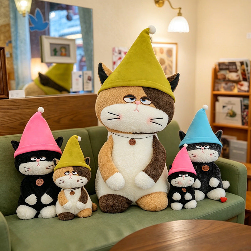  Cute Black and White and Calico Cat Plush Toys with Colorful Elf Hats on Sofa