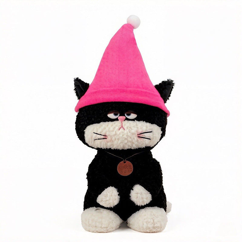 Kawaii Black and White Cat Plush Toy with Pink Hat