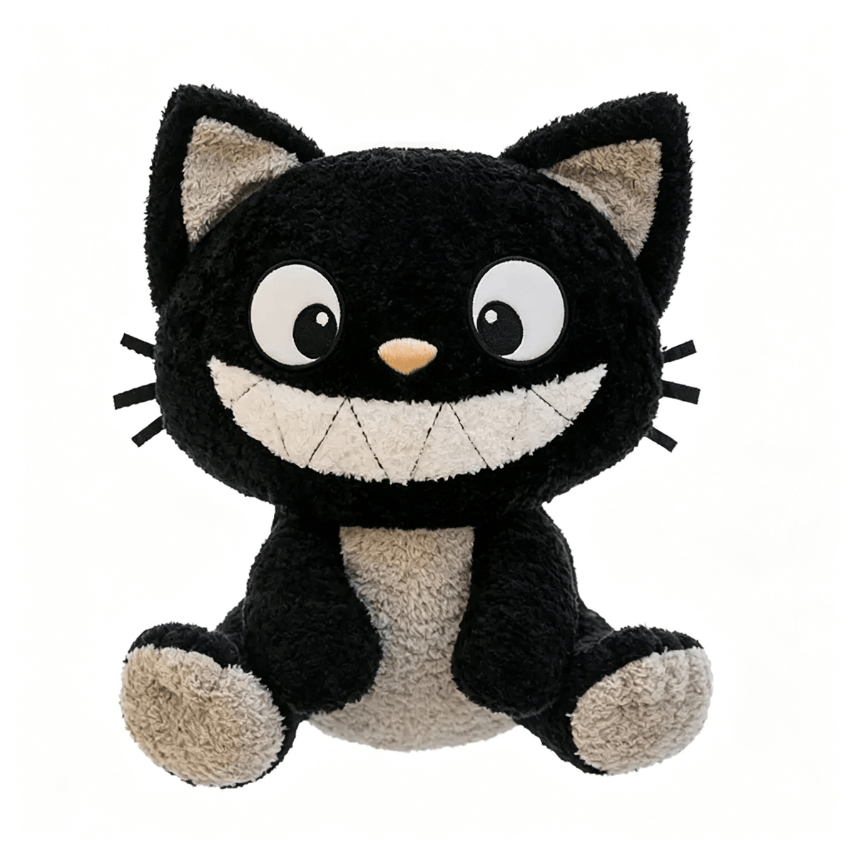 Cute black and white cat plush toy with a big smiling face on white background