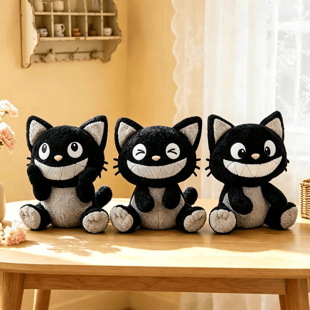 Three cute black and white cat plush toys with smiling faces sitting together on a wooden table