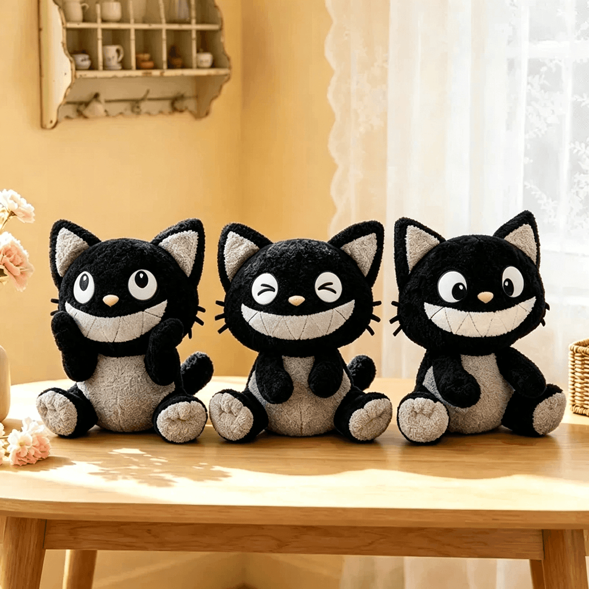 Three cute black and white cat plush toys with smiling faces sitting together on a wooden table