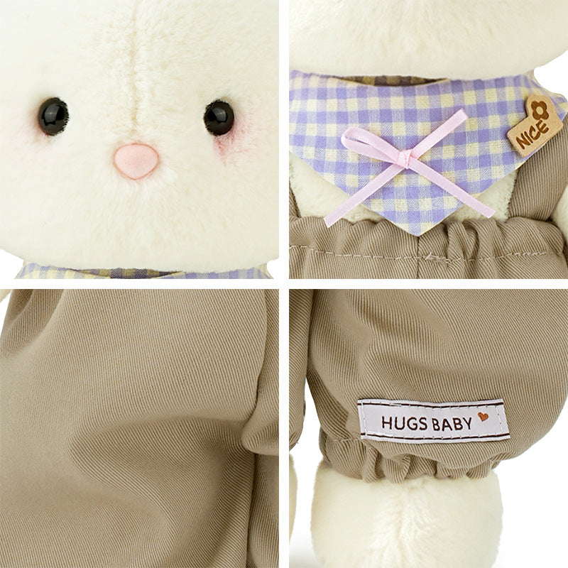 Detail close-ups of bunny plushie face, checkered scarf with bow, twill fabric and HUGS BABY woven label