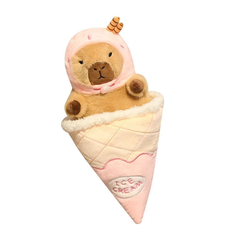 Cute capybara plush toy in removable pink ice cream cone, kawaii capybara stuffed animal with ice cream helmet, soft plush gift for girls