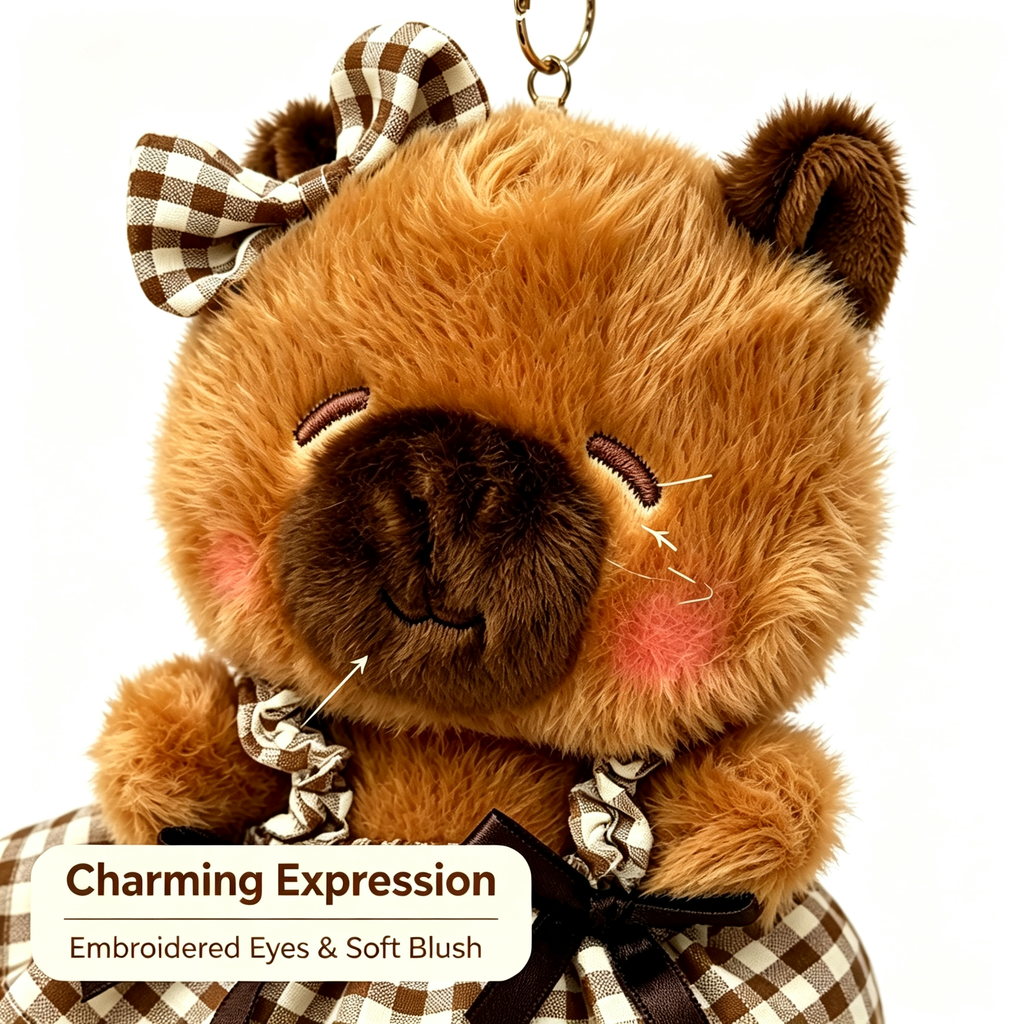 Close‑up of capybara bag charm plush keychain, embroidered face with soft blush detail