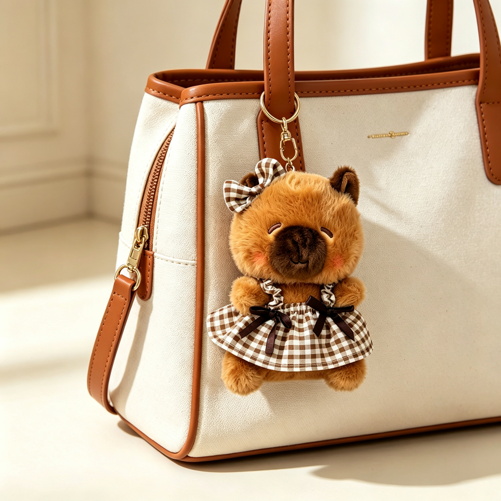 Soft capybara plush keychain pendant hanging on canvas handbag, daily decor