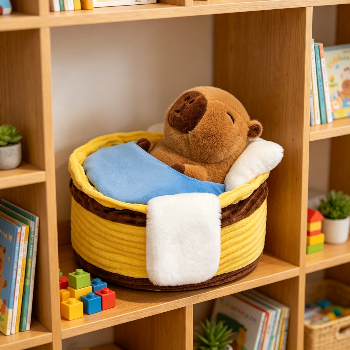 Capybara Plush Lying In Mini Bathtub, Cute Stuffed Animal Display On Wooden Bookshelf, Home Decor