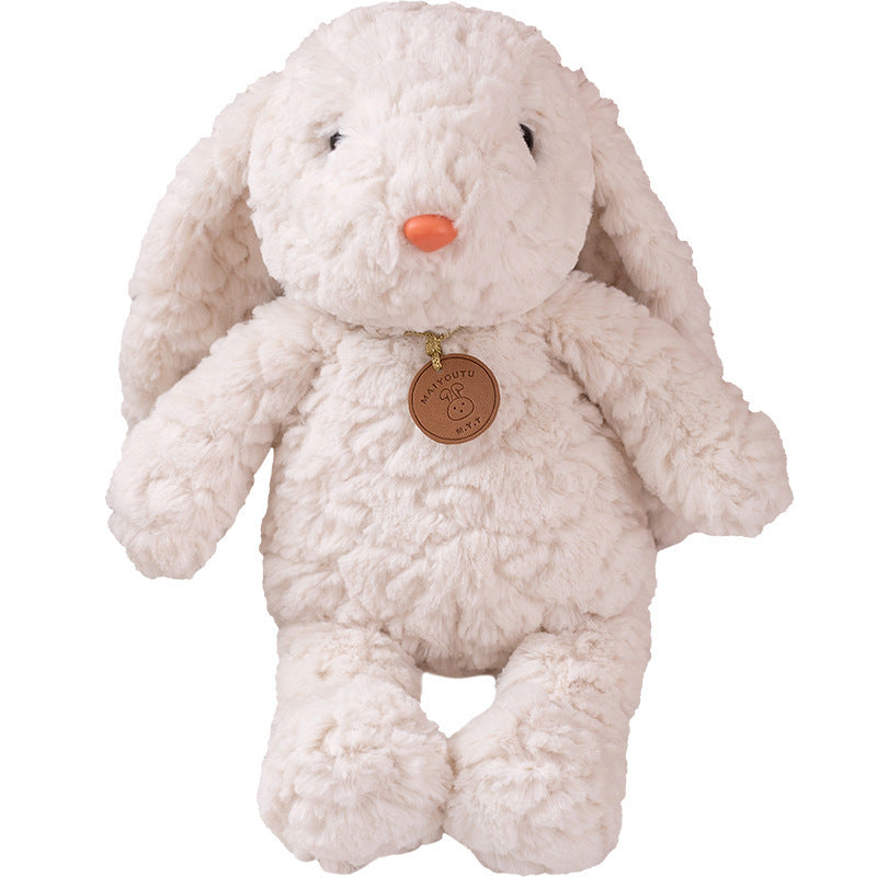 Fluffy Curly Fur stuffed bunny, white floppy ear bunny plush with leather tag