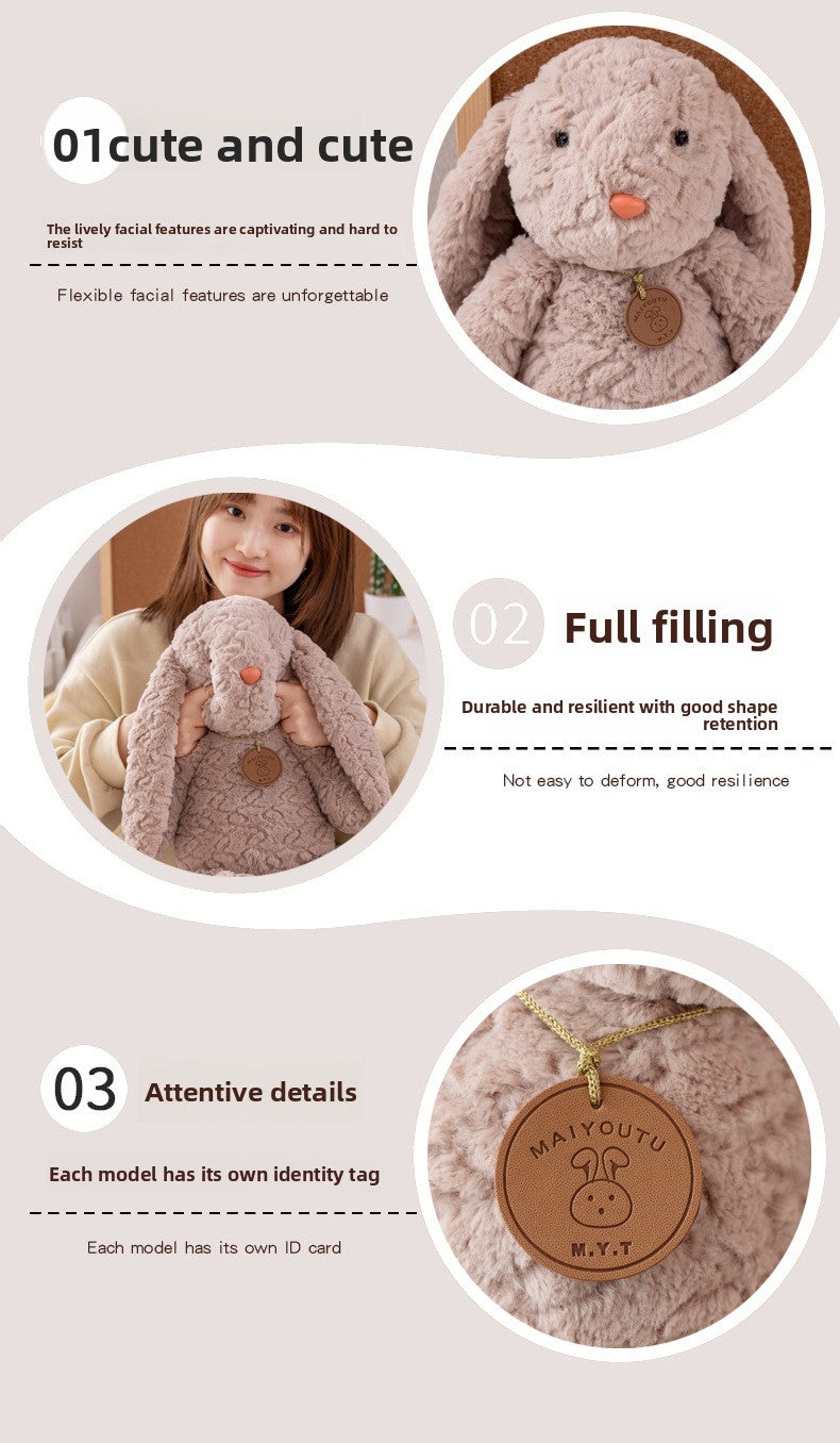 Soft curly stuffed bunny, feature details of floppy ear bunny plush with leather ID tag