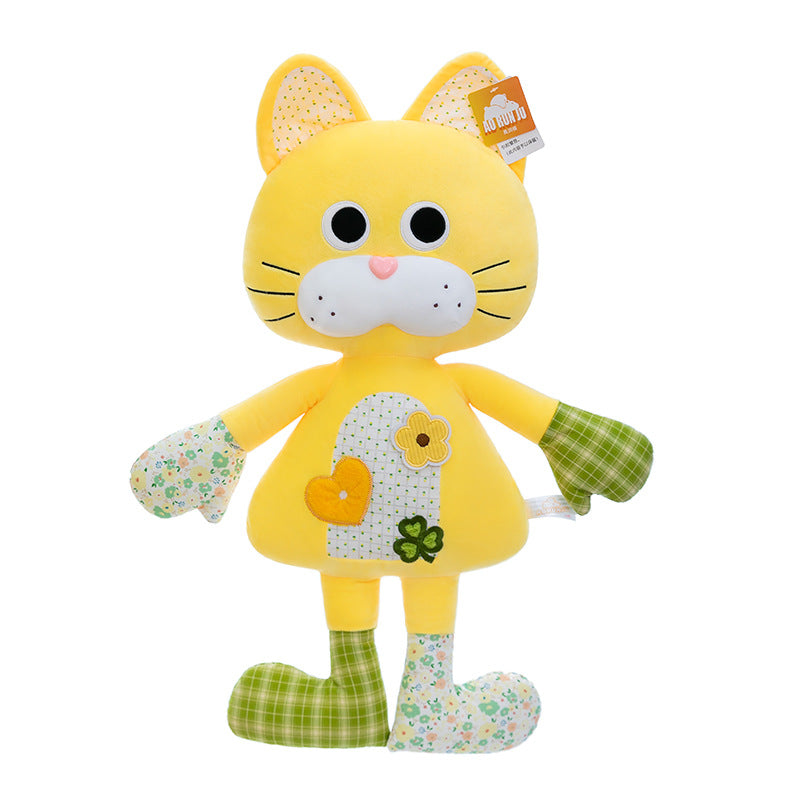 Cute orange cat plushie toy with big wide eyes and patchwork long legs on a white background