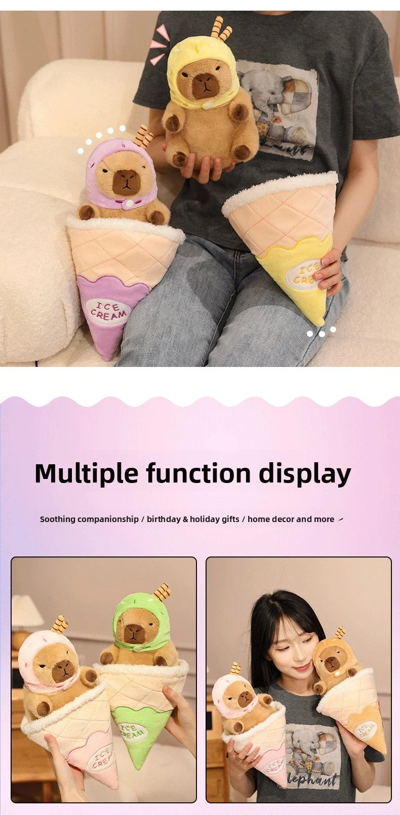 Detachable helmet and waffle cone parts for capybara ice‑cream plush toy, versatile cute capybara stuffed animal home decor
