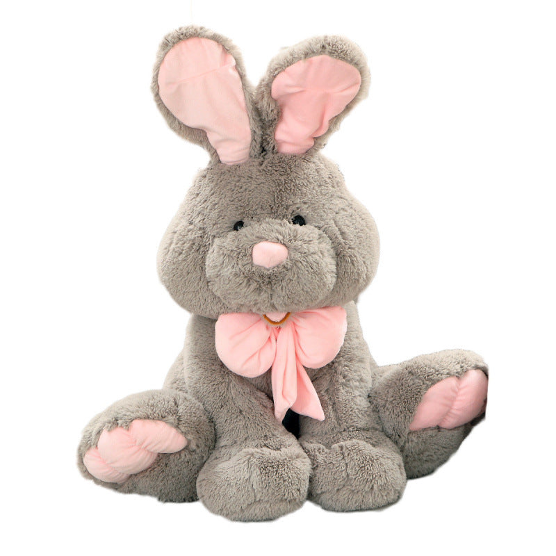 Fluffy sitting stuffed bunny | bunny plushie | gray bunny plushie with pink bow, pink inner ears and pink paw pads