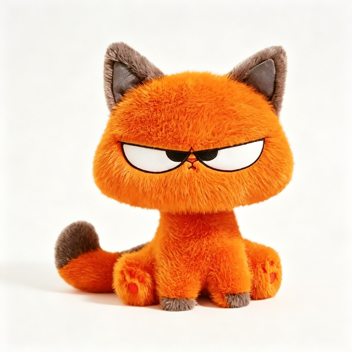 Mad orange cat plushie with grumpy angry face, fluffy quirky stuffed kitten from PlushAgent