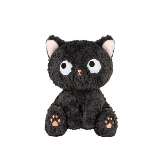 Funny black cat plush toy with big wide eyes and pink paws on a white background