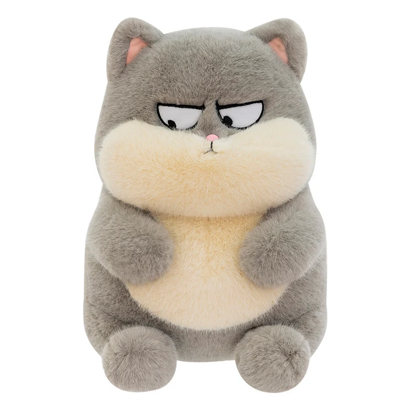 Funny grumpy grey cat plush toy with big chubby cheeks and a sleepy face on a white background