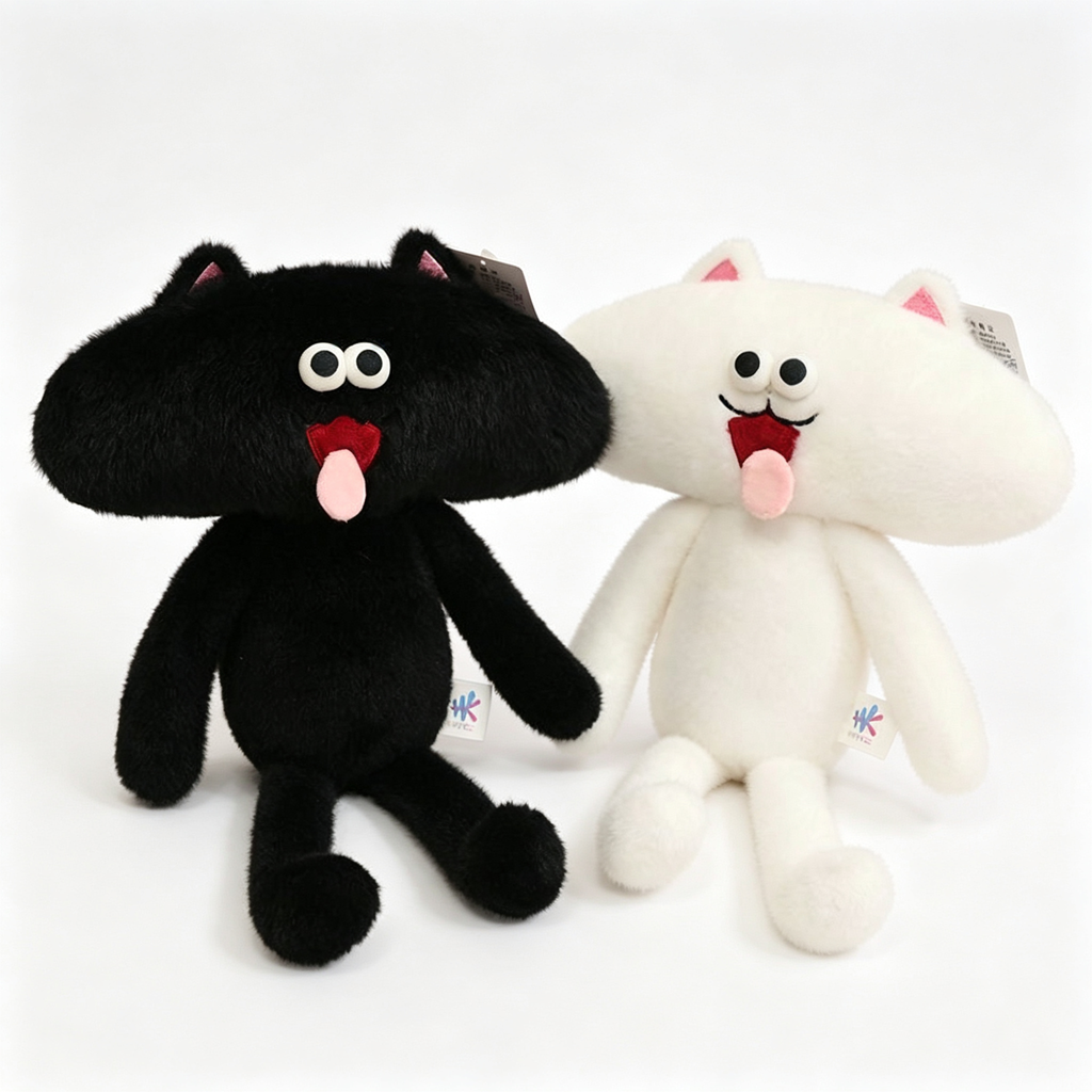 Funny black and white long leg cat plushies with big mouths and silly tongues out
