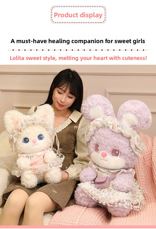 Young girl cuddling two soft bunny plushies, cream and lavender curly rabbit dolls on sofa, healing gift for girls