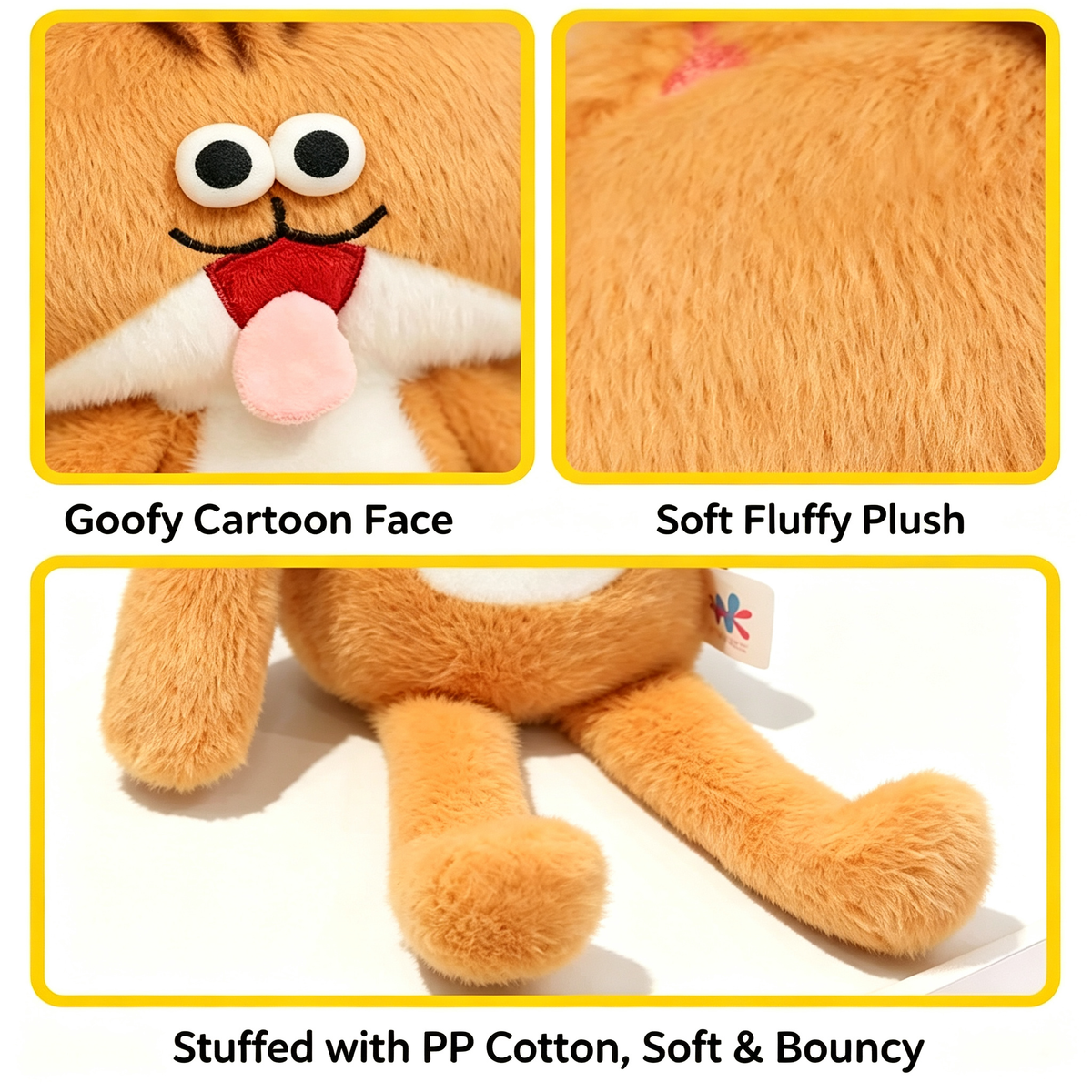 Close up detail of soft fluffy plush fabric and PP cotton stuffing on the goofy cat toy