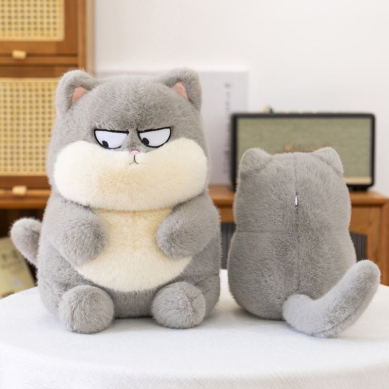 Front and back view of the grumpy grey cat plushie showing its fat round body and fluffy tail