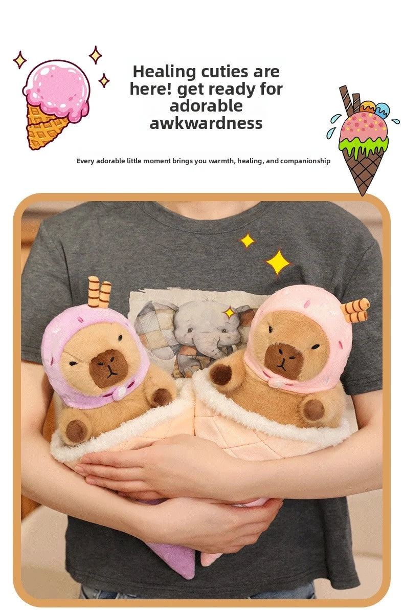 Hands holding two adorable capybara ice cream plush toys, soft stuffed capybara with detachable waffle cone, sweet gift for capybara lovers