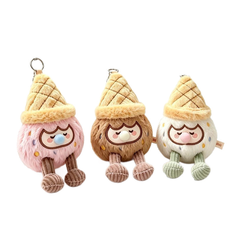 Three colors ice cream cone plush keychains, pink brown and white sleepy face bag charms set on white background