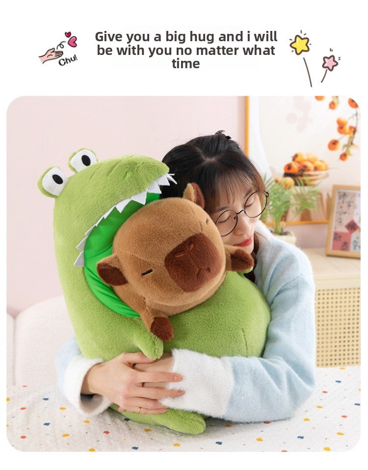  Happy girl hugging a big soft kawaii capybara plush toy in a cozy bedroom