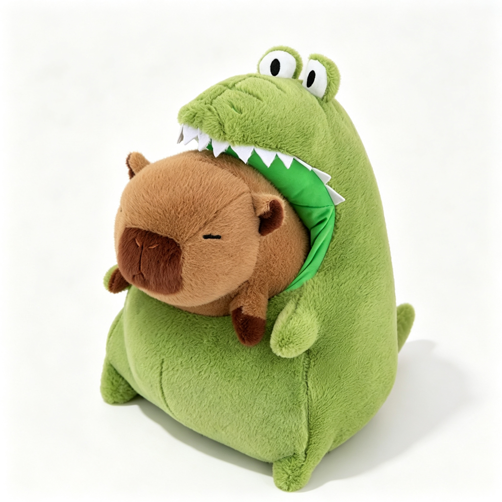 Cute kawaii capybara plush toy with a viral crocodile hugging it on white background