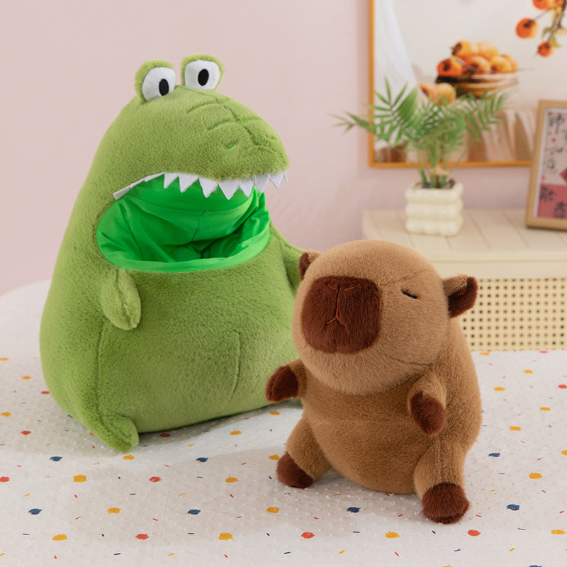  Kawaii capybara plush toy and crocodile costume displayed together as cute room decor