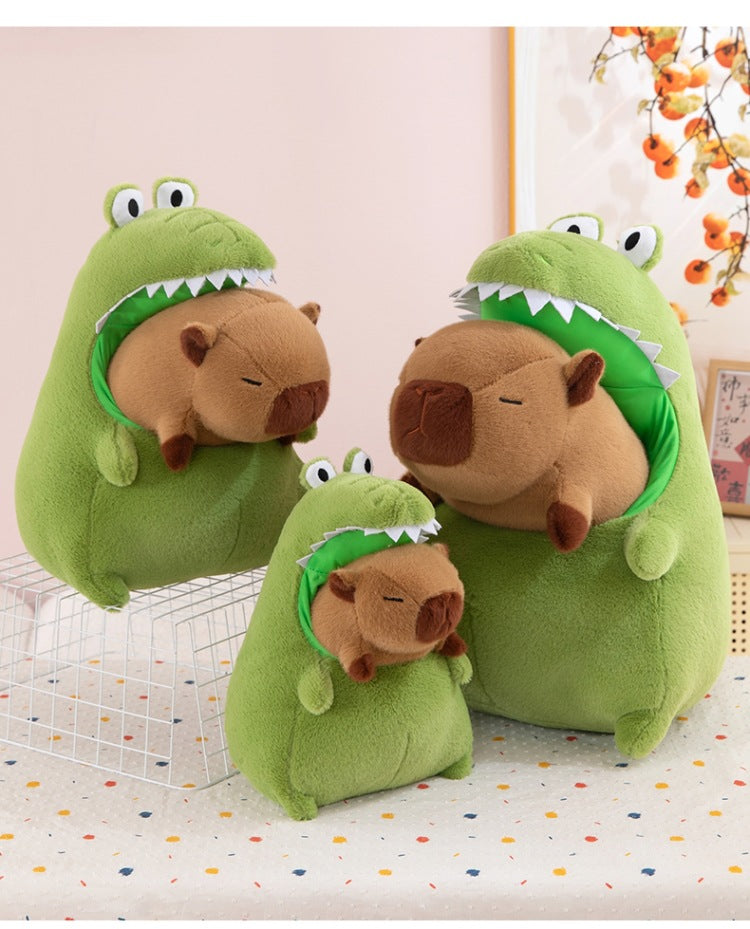 Various sizes of viral kawaii capybara plush toys hugging crocodiles displayed together