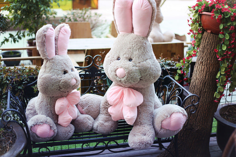 Large and small gray bunny plushie set | fluffy stuffed bunnies with pink bows | cute rabbit plush toys for gift